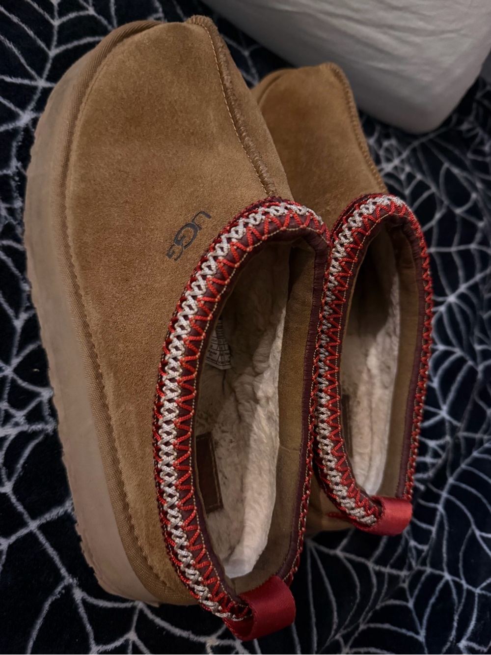 UGG Women's Chestnut Suede Slip-On Slippers with Red and Cream Trim